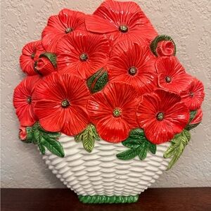 Vintage Basket Of Flowers Hand Painted Ceramic Wall Art Hanging Made In Italy